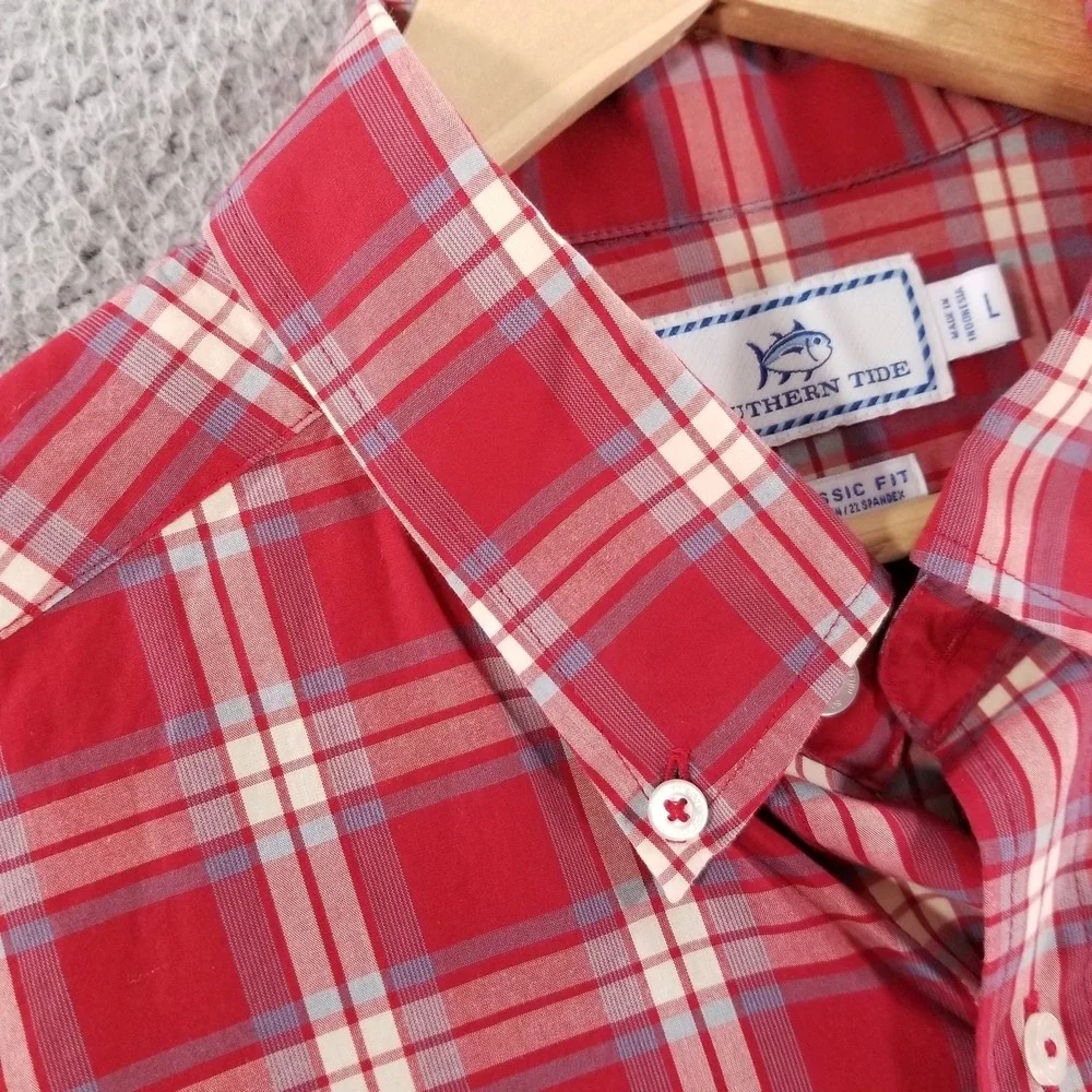 Southern Tide Shirt Mens Large Red Plaid Stretch Sport Classic Fit Button Down
